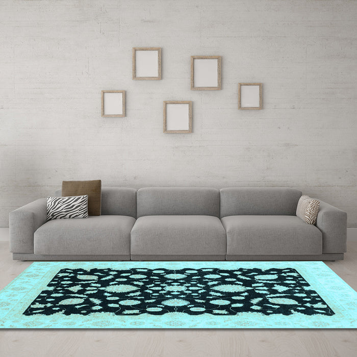Machine Washable Oriental Light Blue Traditional Rug in a Living Room, wshabs3832lblu
