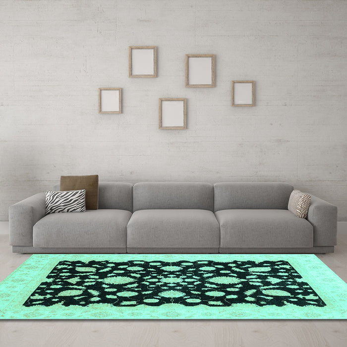 Machine Washable Oriental Turquoise Traditional Area Rugs in a Living Room,, wshabs3832turq