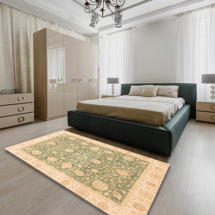 Abstract Brown Gold Oriental Rug in a Bedroom, abs3834