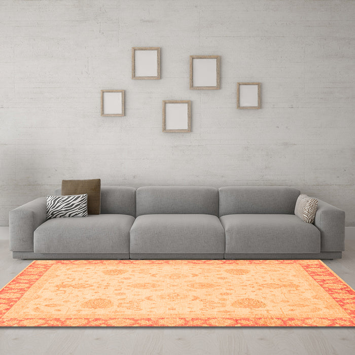 Machine Washable Abstract Orange Modern Area Rugs in a Living Room, wshabs3835org