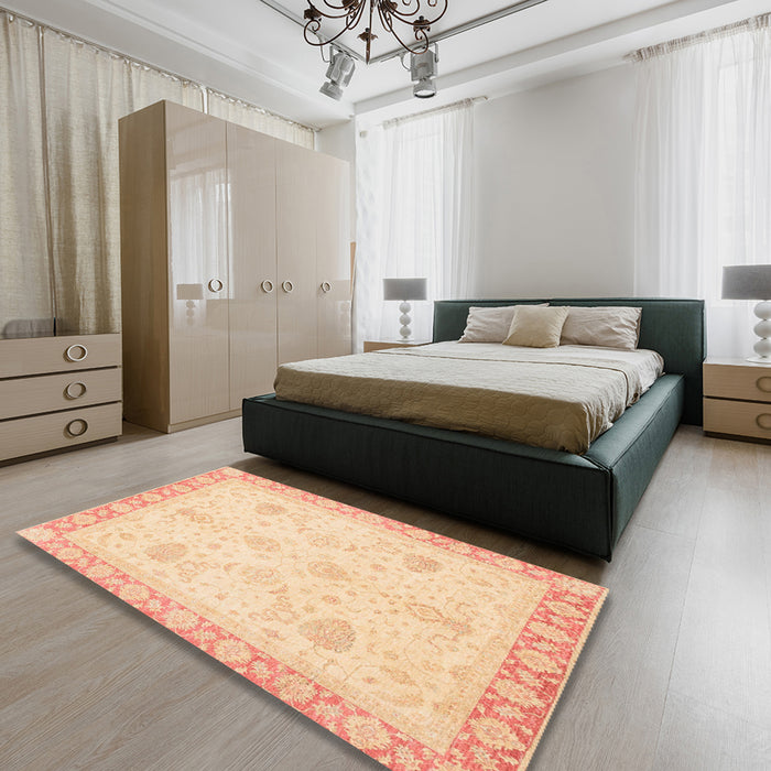Abstract Brown Gold Modern Rug in a Bedroom, abs3835