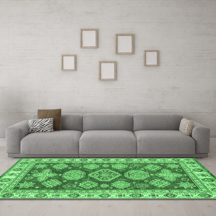 Machine Washable Abstract Emerald Green Modern Area Rugs in a Living Room,, wshabs3838emgrn