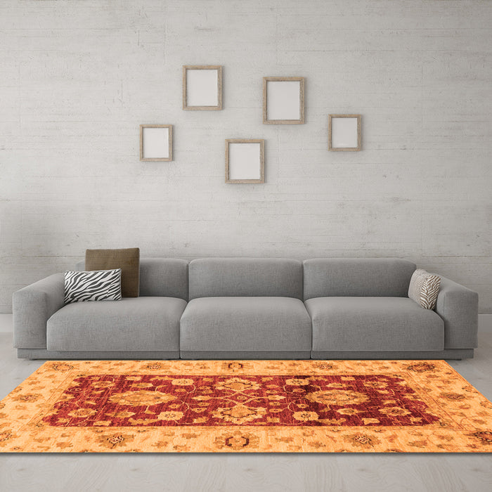 Machine Washable Oriental Orange Traditional Area Rugs in a Living Room, wshabs3840org
