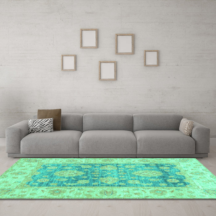 Machine Washable Oriental Turquoise Traditional Area Rugs in a Living Room,, wshabs3842turq
