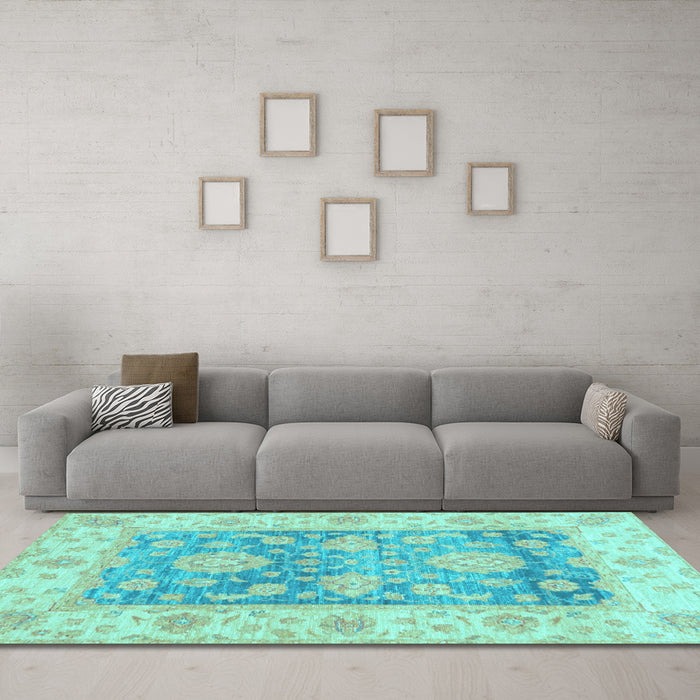 Machine Washable Oriental Light Blue Traditional Rug in a Living Room, wshabs3842lblu
