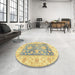 Round Machine Washable Abstract Brass Green Rug in a Office, wshabs3842