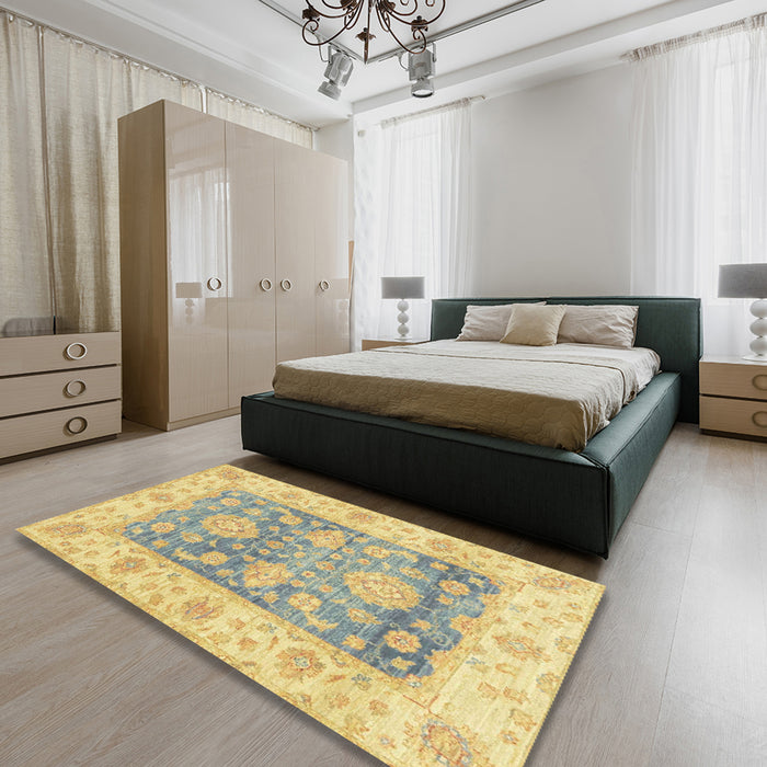 Abstract Copper Green Oriental Rug in a Bedroom, abs3842