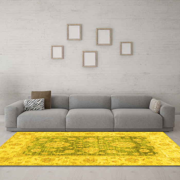 Machine Washable Oriental Yellow Traditional Rug in a Living Room, wshabs3842yw