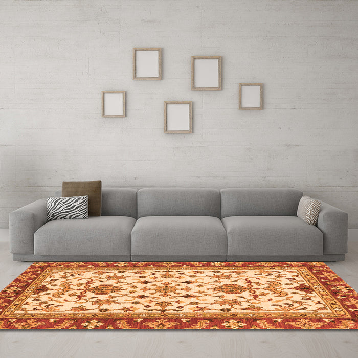 Machine Washable Abstract Orange Modern Area Rugs in a Living Room, wshabs3843org