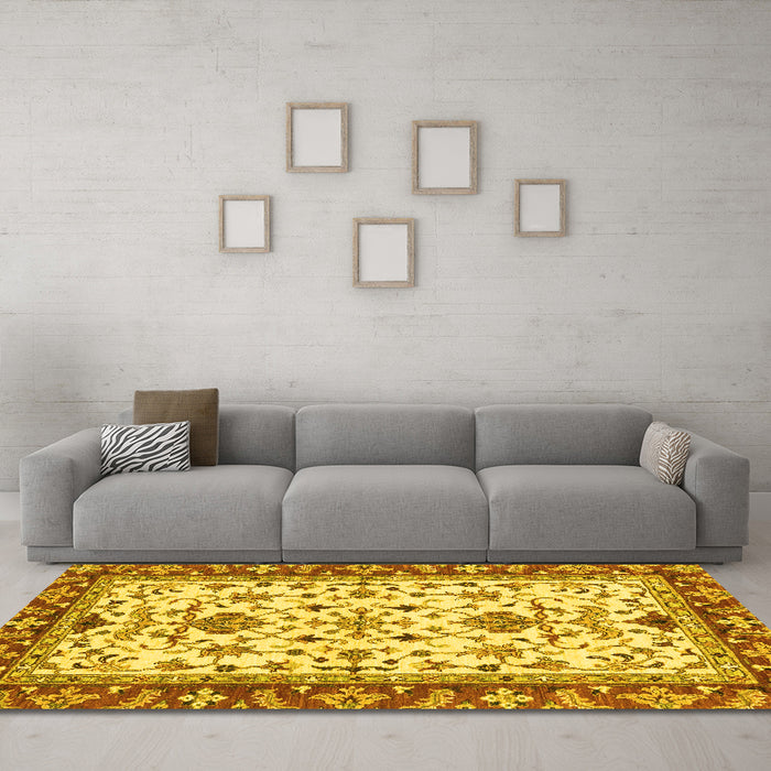 Machine Washable Abstract Yellow Modern Rug in a Living Room, wshabs3843yw