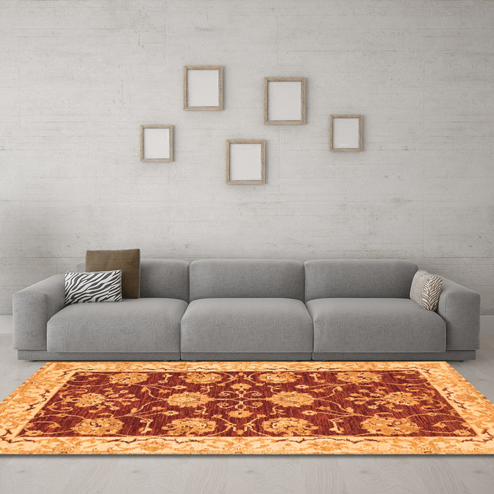 Machine Washable Abstract Orange Modern Area Rugs in a Living Room, wshabs3844org