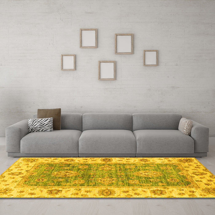 Machine Washable Oriental Yellow Traditional Rug in a Living Room, wshabs3846yw