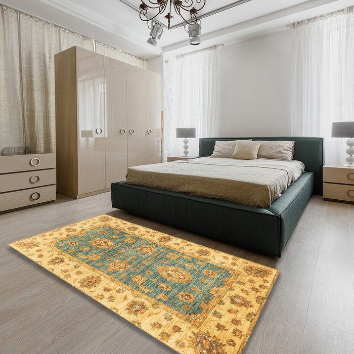Machine Washable Abstract Cinnamon Brown Rug in a Bedroom, wshabs3846