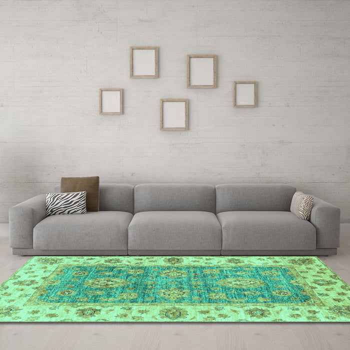 Machine Washable Oriental Turquoise Traditional Area Rugs in a Living Room,, wshabs3846turq