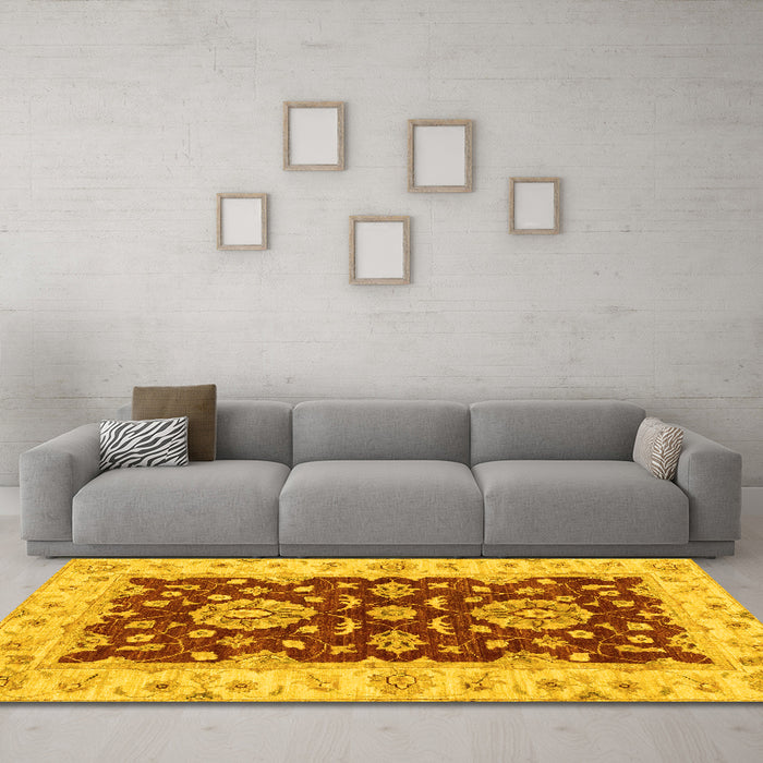 Machine Washable Oriental Yellow Traditional Rug in a Living Room, wshabs3847yw