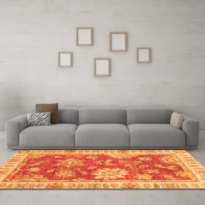Machine Washable Oriental Orange Modern Area Rugs in a Living Room, wshabs3849org