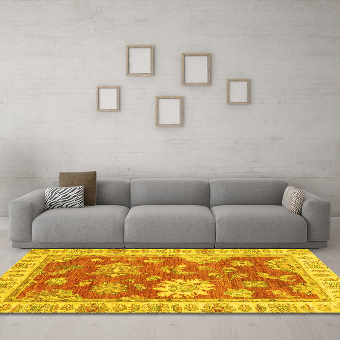 Machine Washable Oriental Yellow Modern Rug in a Living Room, wshabs3849yw