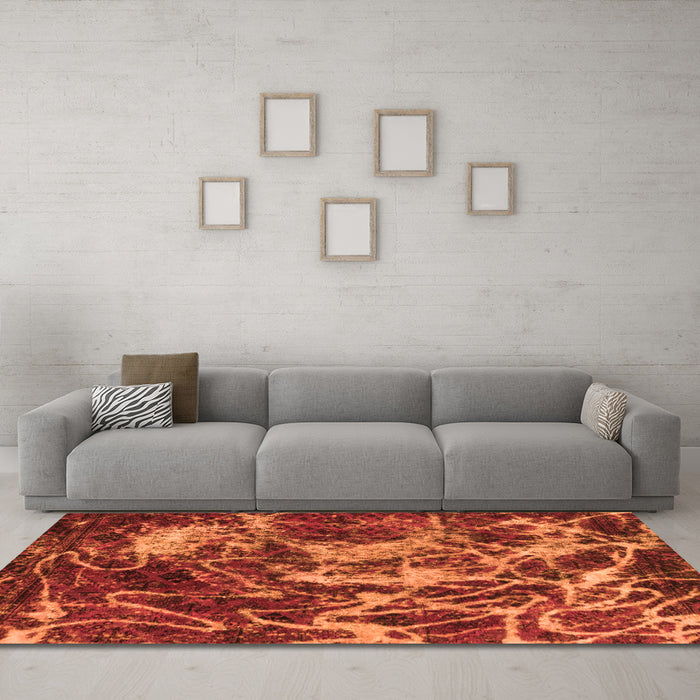 Machine Washable Abstract Orange Modern Area Rugs in a Living Room, wshabs3851org