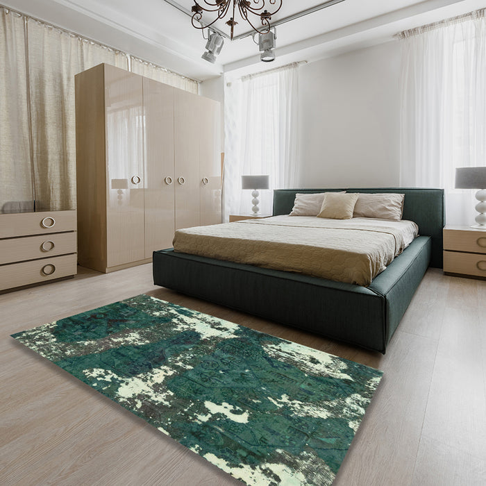Abstract Dark Slate Gray Green Modern Rug in a Bedroom, abs3852