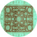 Round Machine Washable Oriental Turquoise Traditional Area Rugs, wshabs3853turq