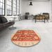 Round Abstract Orange Red Oriental Rug in a Office, abs3853