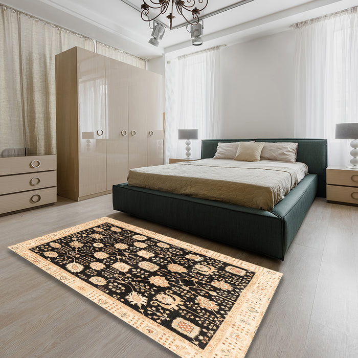 Machine Washable Abstract Bakers Brown Rug in a Bedroom, wshabs3854