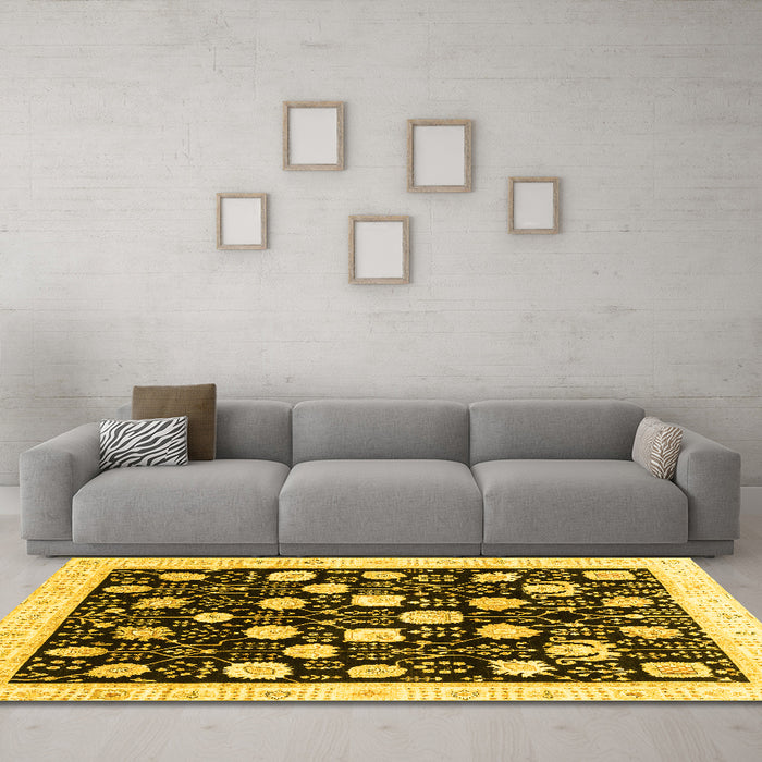 Machine Washable Oriental Yellow Traditional Rug in a Living Room, wshabs3854yw