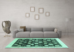 Machine Washable Oriental Turquoise Traditional Area Rugs in a Living Room,, wshabs3854turq