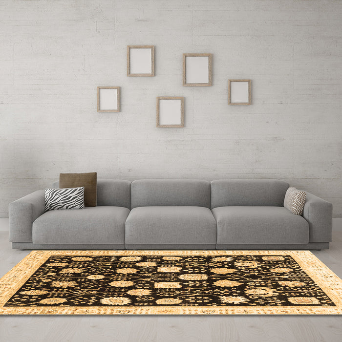 Machine Washable Oriental Brown Traditional Rug in a Living Room,, wshabs3854brn