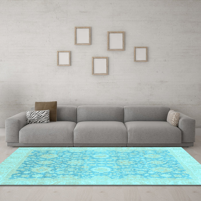 Machine Washable Oriental Light Blue Traditional Rug in a Living Room, wshabs3855lblu