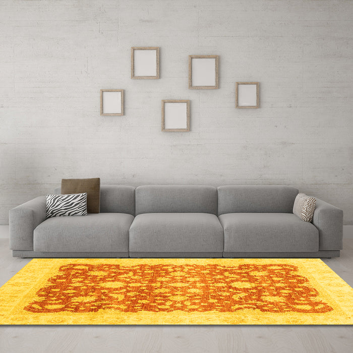 Machine Washable Oriental Yellow Traditional Rug in a Living Room, wshabs3856yw