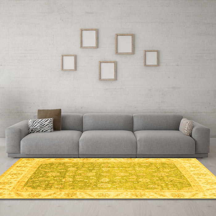 Machine Washable Oriental Yellow Traditional Rug in a Living Room, wshabs3857yw