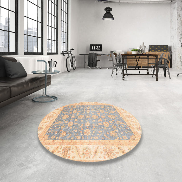 Round Machine Washable Abstract Khaki Gold Rug in a Office, wshabs3857