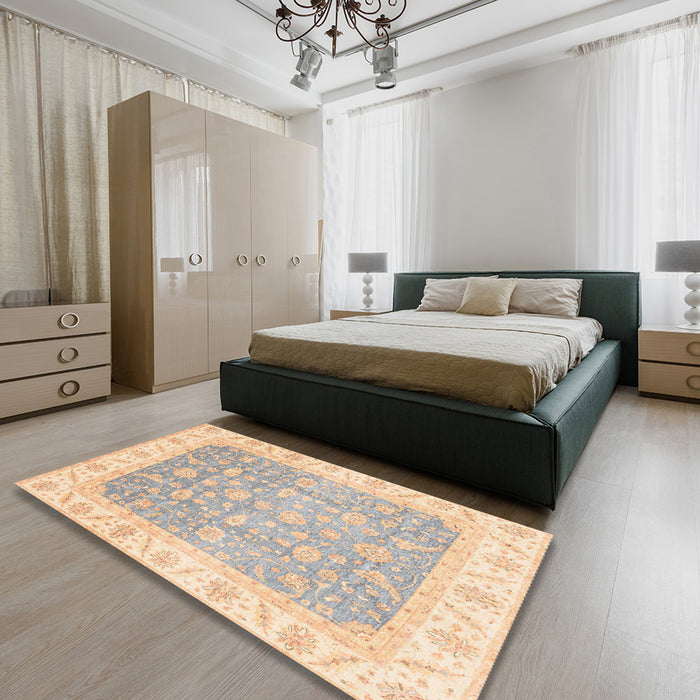 Machine Washable Abstract Khaki Gold Rug in a Bedroom, wshabs3857