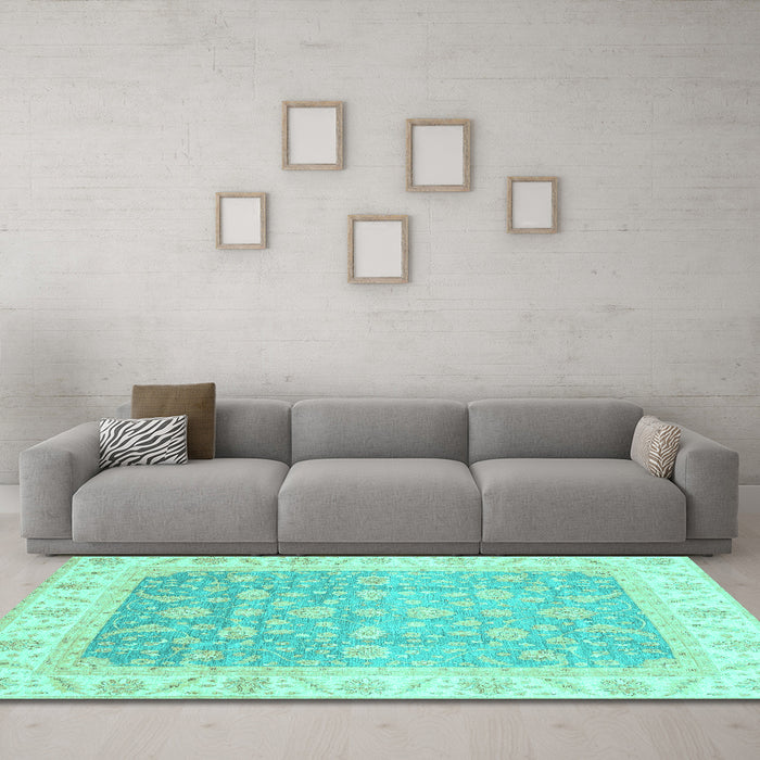 Machine Washable Oriental Turquoise Traditional Area Rugs in a Living Room,, wshabs3857turq