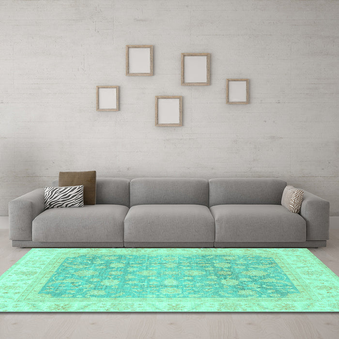 Machine Washable Oriental Turquoise Traditional Area Rugs in a Living Room,, wshabs3858turq