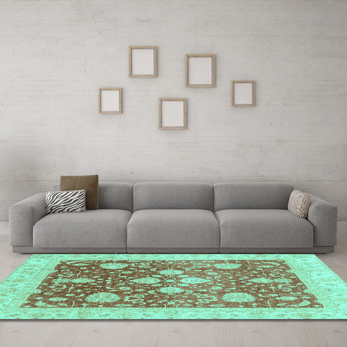 Machine Washable Oriental Turquoise Traditional Area Rugs in a Living Room,, wshabs3859turq