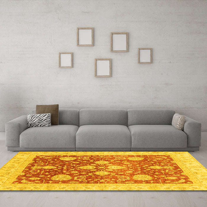 Machine Washable Oriental Yellow Traditional Rug in a Living Room, wshabs3859yw