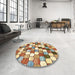 Round Abstract Brown Gold Modern Rug in a Office, abs385