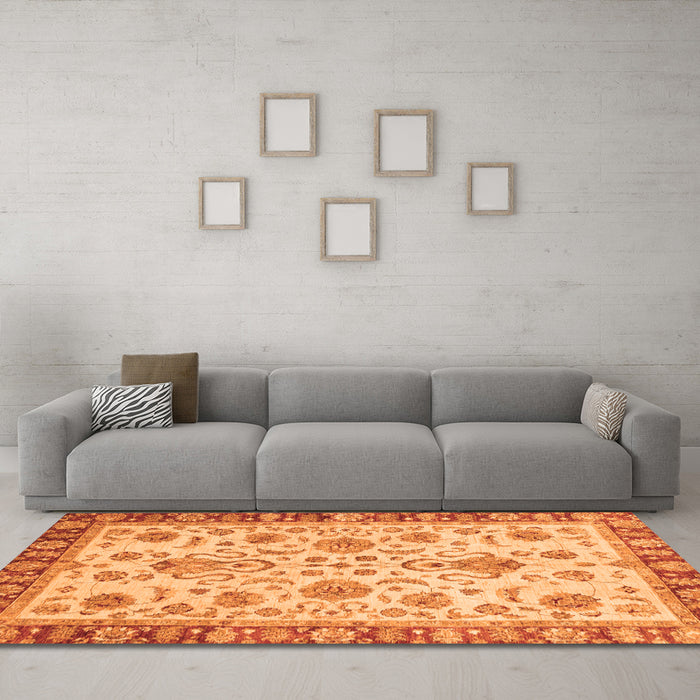 Machine Washable Abstract Orange Modern Area Rugs in a Living Room, wshabs3860org