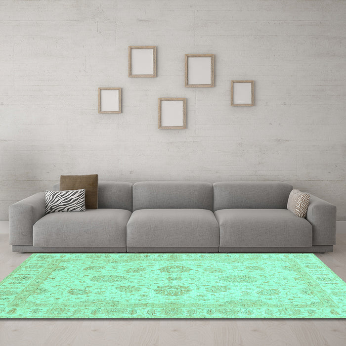 Machine Washable Oriental Turquoise Traditional Area Rugs in a Living Room,, wshabs3861turq