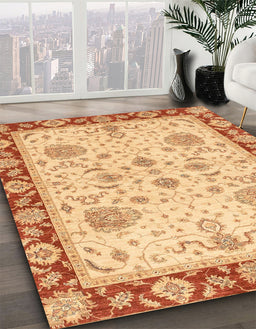 Abstract Chrome Gold Yellow Oriental Rug in Family Room, abs3863