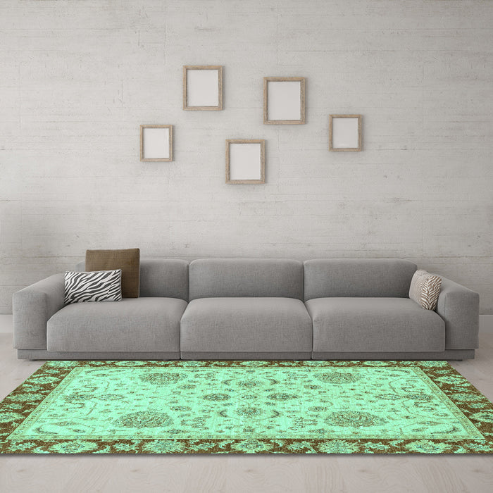 Machine Washable Oriental Turquoise Traditional Area Rugs in a Living Room,, wshabs3863turq