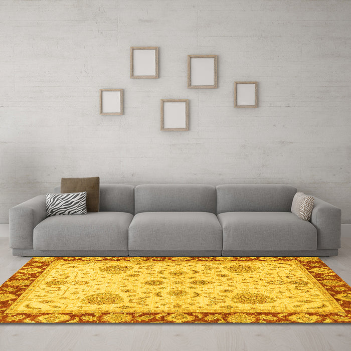 Machine Washable Oriental Yellow Traditional Rug in a Living Room, wshabs3863yw