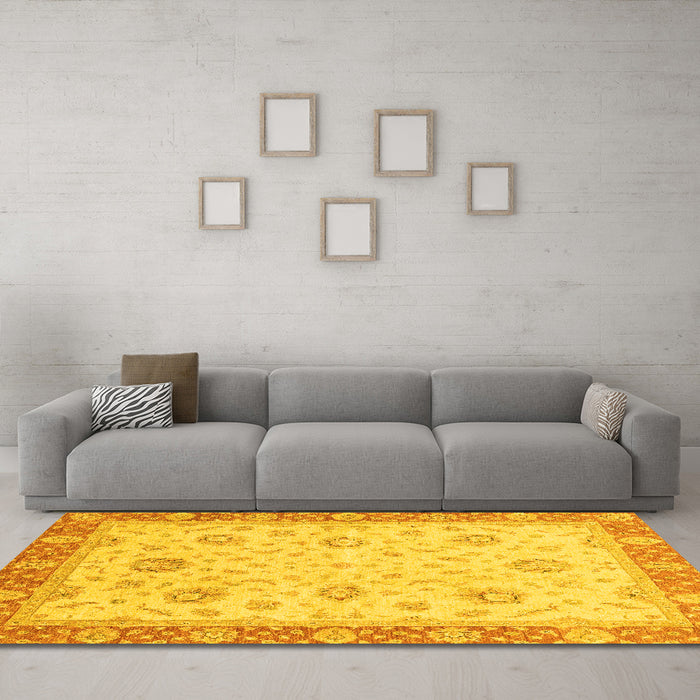 Machine Washable Oriental Yellow Traditional Rug in a Living Room, wshabs3864yw