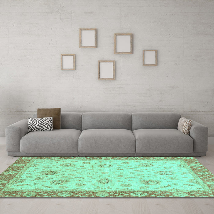 Machine Washable Oriental Turquoise Traditional Area Rugs in a Living Room,, wshabs3864turq
