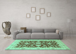 Machine Washable Oriental Turquoise Traditional Area Rugs in a Living Room,, wshabs3869turq