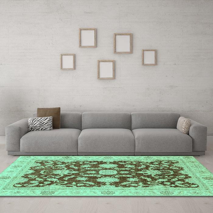 Machine Washable Oriental Turquoise Traditional Area Rugs in a Living Room,, wshabs3869turq