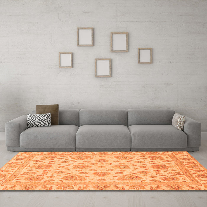 Machine Washable Abstract Orange Modern Area Rugs in a Living Room, wshabs3870org