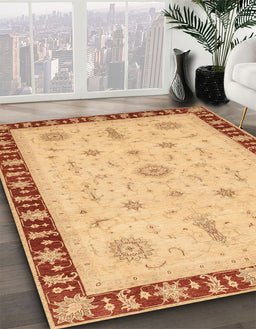 Abstract Chrome Gold Yellow Oriental Rug in Family Room, abs3871